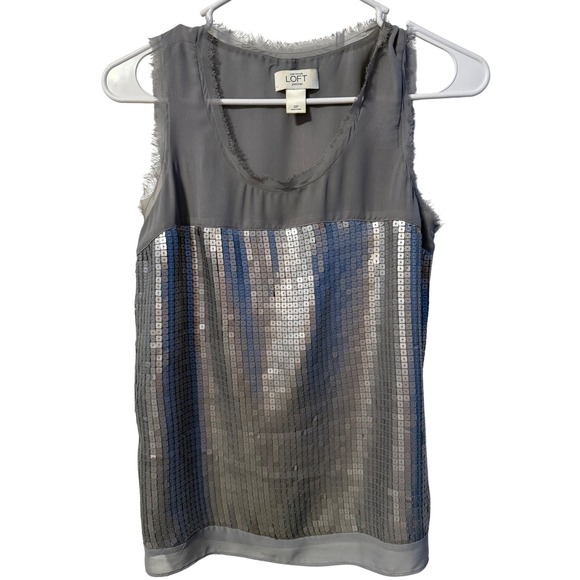 Tops - Ann Taylor Loft Sequin Tank Top Womens Gray Fringed Chiffon